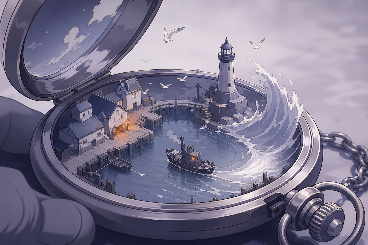 An ocean harbor contained within an open pocket watch, during a moment when the small world responds to movement outside. Macro object view with the miniature world occupying the visual center. Pale lavender, icy blue, g