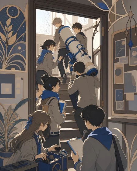 The astronomy club carrying a telescope up too many stairs, during organized chaos where every member has a clear task. Doorway-framed candid scene with several small connected mom