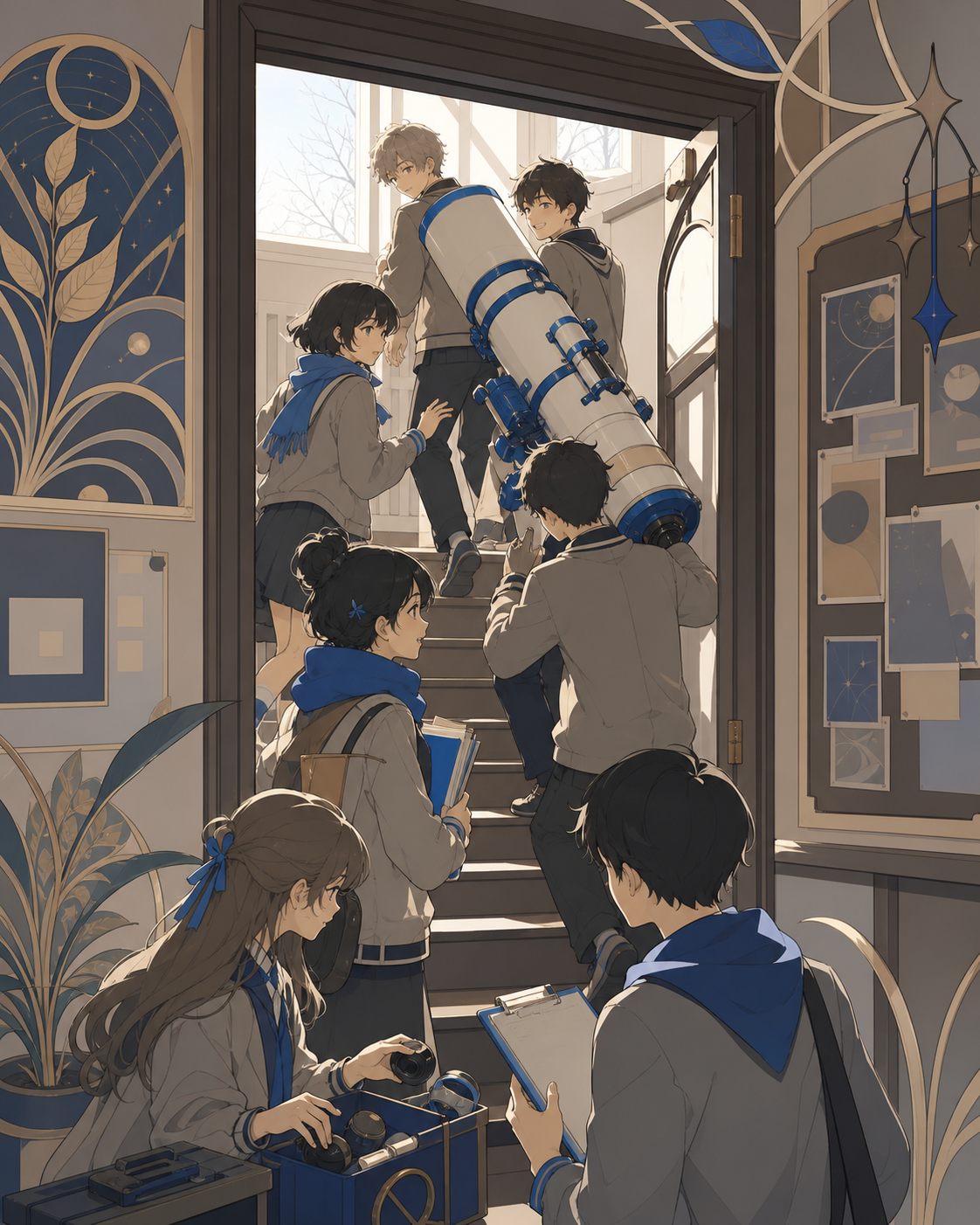 The astronomy club carrying a telescope up too many stairs, during organized chaos where every member has a clear task. Doorway-framed candid scene with several small connected moments. Soft monochrome with a single satu
