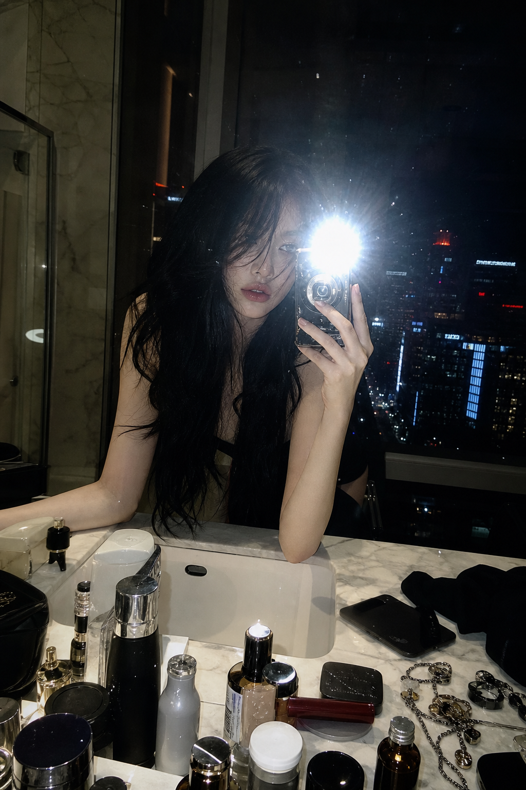 A moody late-night mirror selfie captured in a luxury high-rise bathroom overlooking a glowing city skyline. A young woman with long, slightly messy black hair leans forward over a marble sink, partially obscuring one ey