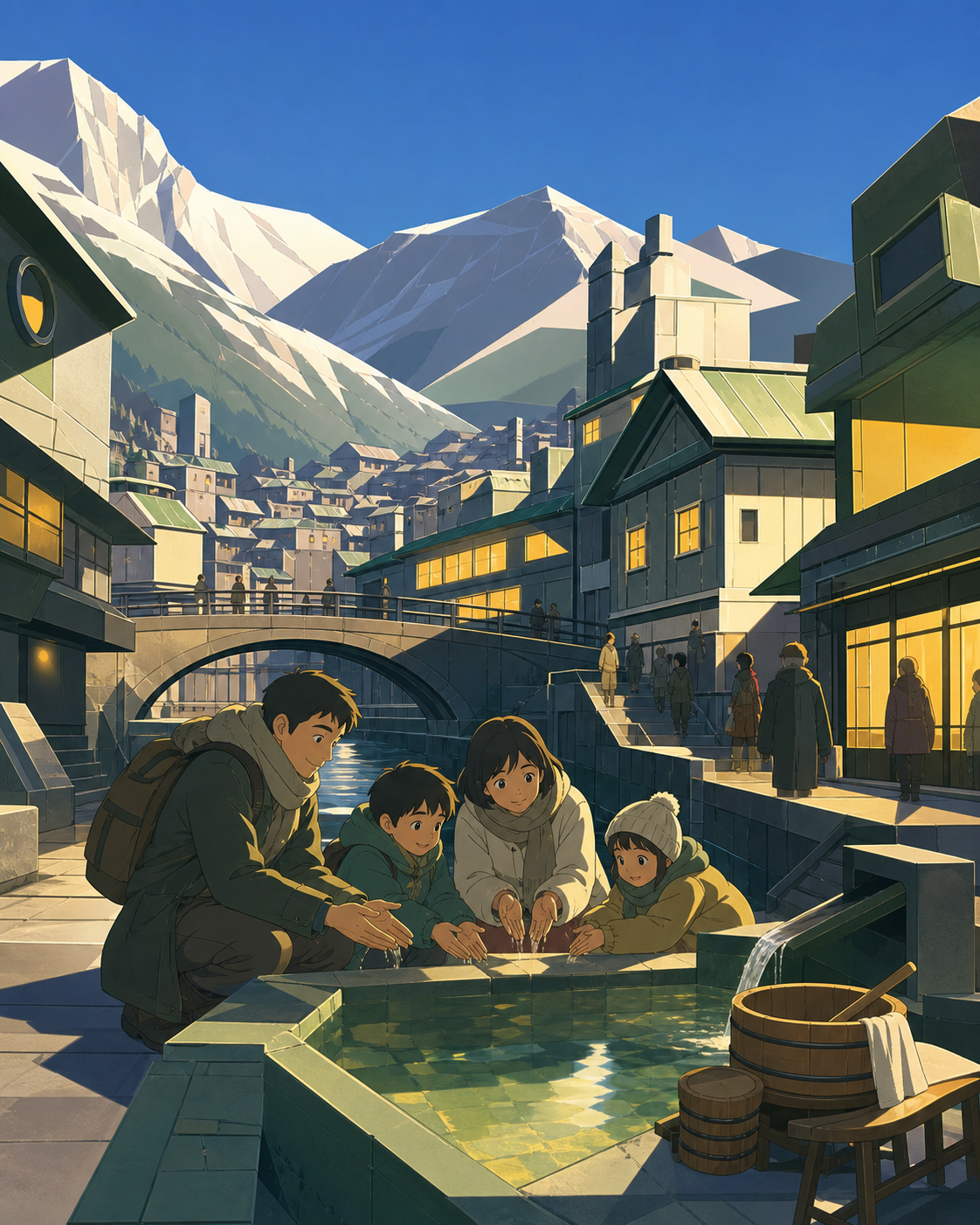 Travelers warming their hands beside a street-side spring, on a cold evening when every window feels welcoming. Wide mountain-town establishing shot balanced by a small family group. Moss green, slate gray, mushroom crea