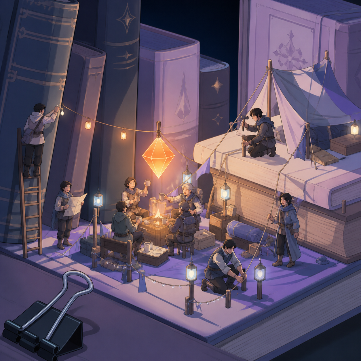 Tiny explorers establishing a camp between enormous library books, during a miniature festival full of delicate points of light. Macro diorama composition with one ordinary object anchoring scale. Pale lavender, icy blue