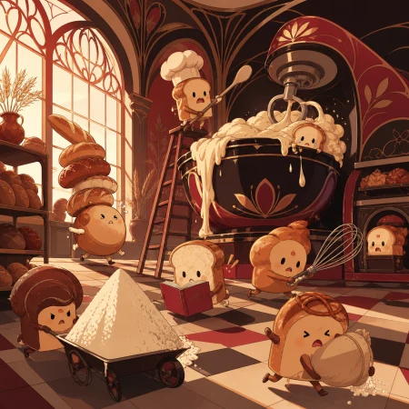 A gang of tiny bread spirits attempting to operate a full-size bakery, caught immediately before their elaborate plan obviously fails. Ensemble comedy tableau with several connecte