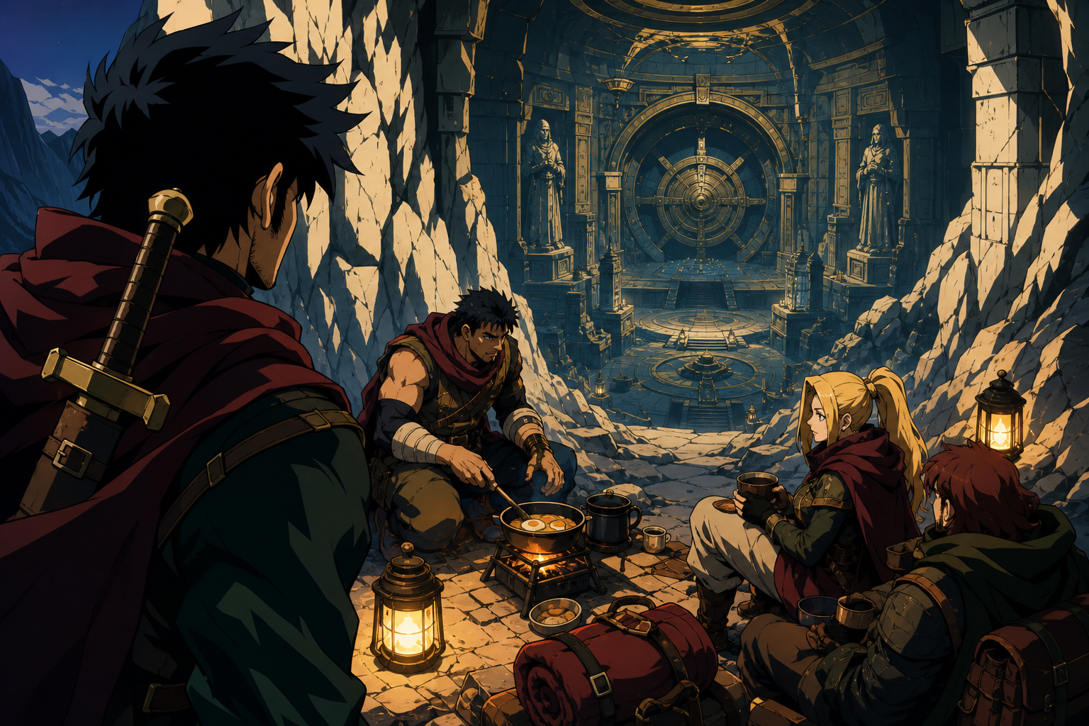 An adult adventuring party cooking breakfast outside a sealed ancient vault, between major dangers during a practical human-scale task. Over-the-shoulder discovery frame revealing a large navigable space. Burgundy, midni