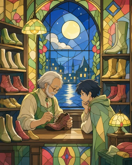 A cobbler repairing boots worn thin by journeys through dreams, shown as a warm neighborhood business rather than a grand magical institution. Counter-level composition with mercha