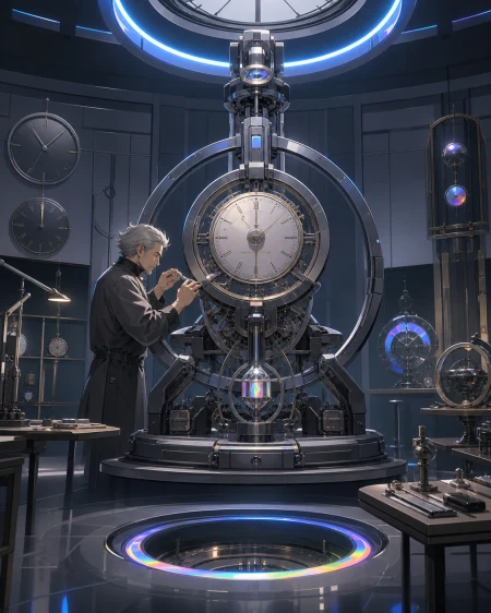 An adult clockmaker assembling a device that creates one extra minute per day, amid organized work rather than chaotic invention spectacle. Lab-wide view organized around the activ