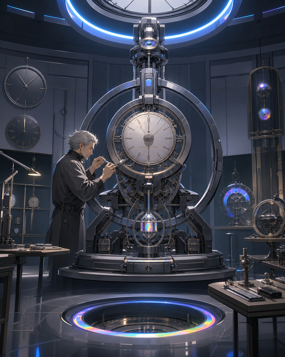 An adult clockmaker assembling a device that creates one extra minute per day, amid organized work rather than chaotic invention spectacle. Lab-wide view organized around the active prototype. Monochrome graphite with se