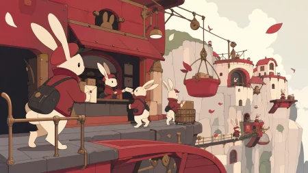 A cliffside postal route maintained by long-legged rabbit couriers, during an ordinary busy period full of recognizable routines. Street-level view immersed in the society's everyd