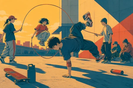 Breakdancers and jump-rope performers sharing a public plaza, at the clean peak of one difficult movement. Side-on sequence-like frame with one athlete as the clear focal point. Pe