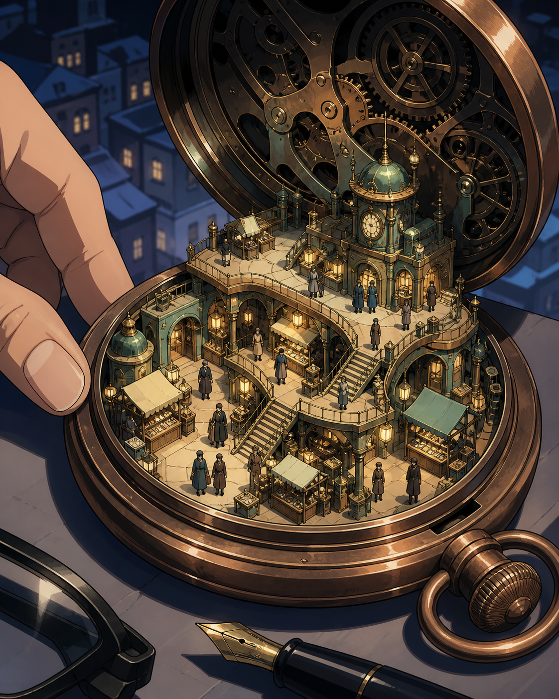 A bustling market hidden inside the mechanism of a pocket watch, observed at close range with ordinary objects revealing the tiny scale. Isometric-like miniature vista with multiple readable zones of activity. Moonlit in