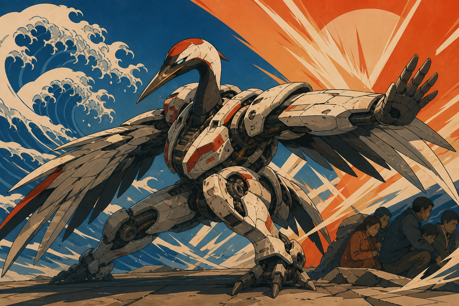 A battered rescue mecha designed like a red-crowned crane, bracing against a shockwave while protecting civilians just outside frame. Dynamic low-angle action frame with a strong diagonal movement line. Cobalt, persimmon