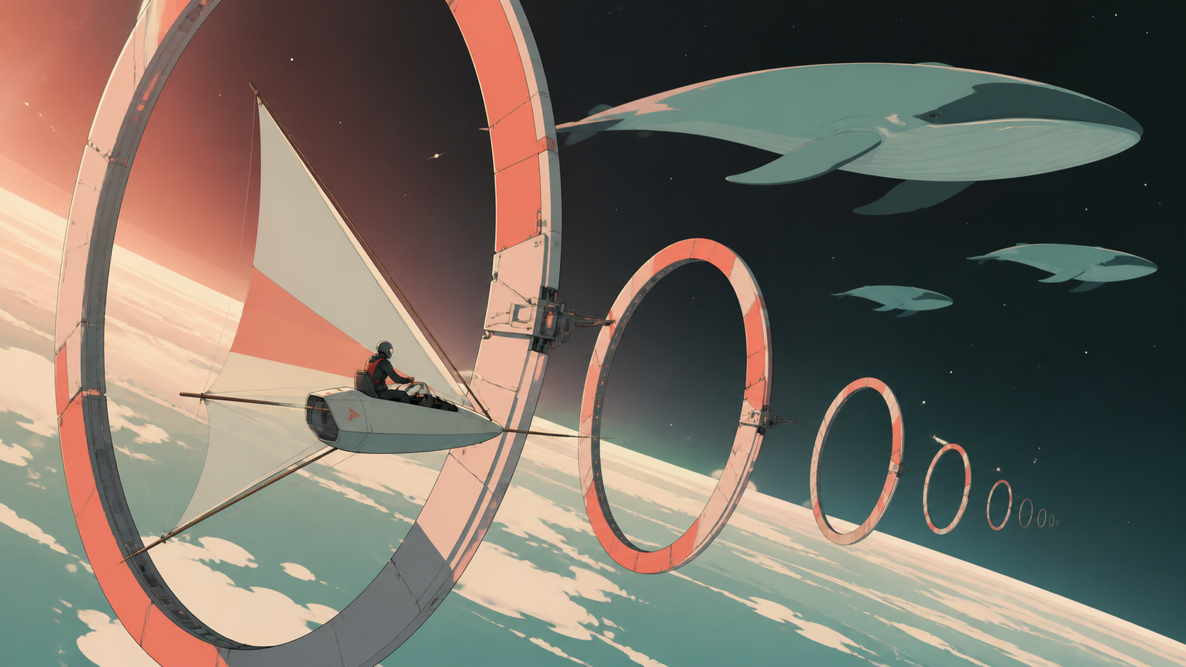 A courier racing a compact solar sailer between moving orbital gates, with vast space balanced by practical human-scale machinery. Expansive orbital composition anchored by one clearly readable vehicle. Celadon, coral pi