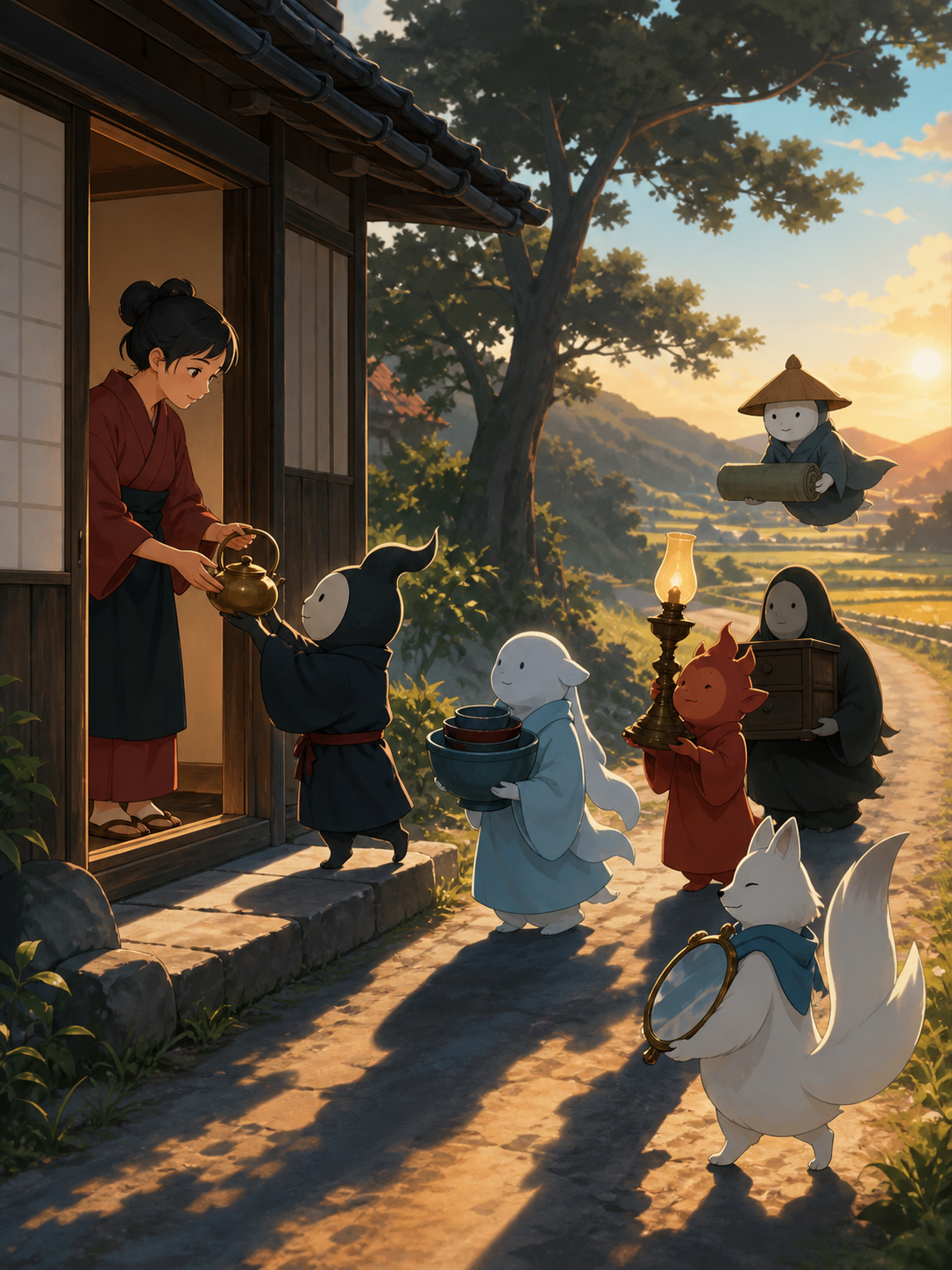 A procession of forgotten household spirits returning borrowed objects, sharing an unexpectedly ordinary moment beside a country road. Storybook narrative scene with a clear beginning and implied aftermath. Pine black, s