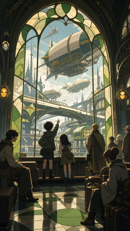 Children watching freight airships pass above a suburban station, during a brief stop that brings unrelated passengers together. Interior view looking through a large window at pas