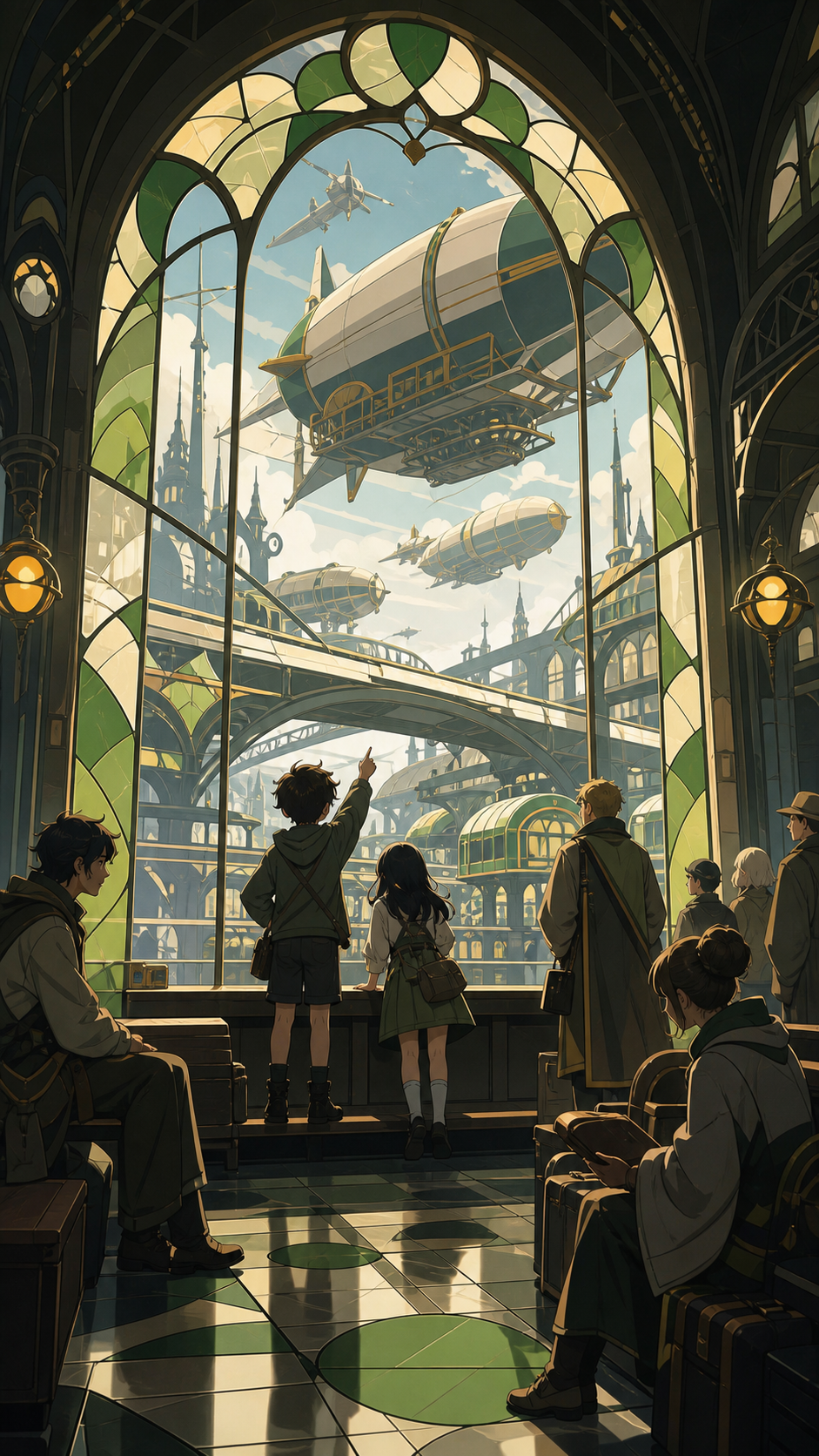 Children watching freight airships pass above a suburban station, during a brief stop that brings unrelated passengers together. Interior view looking through a large window at passing architecture. Moss green, slate gra
