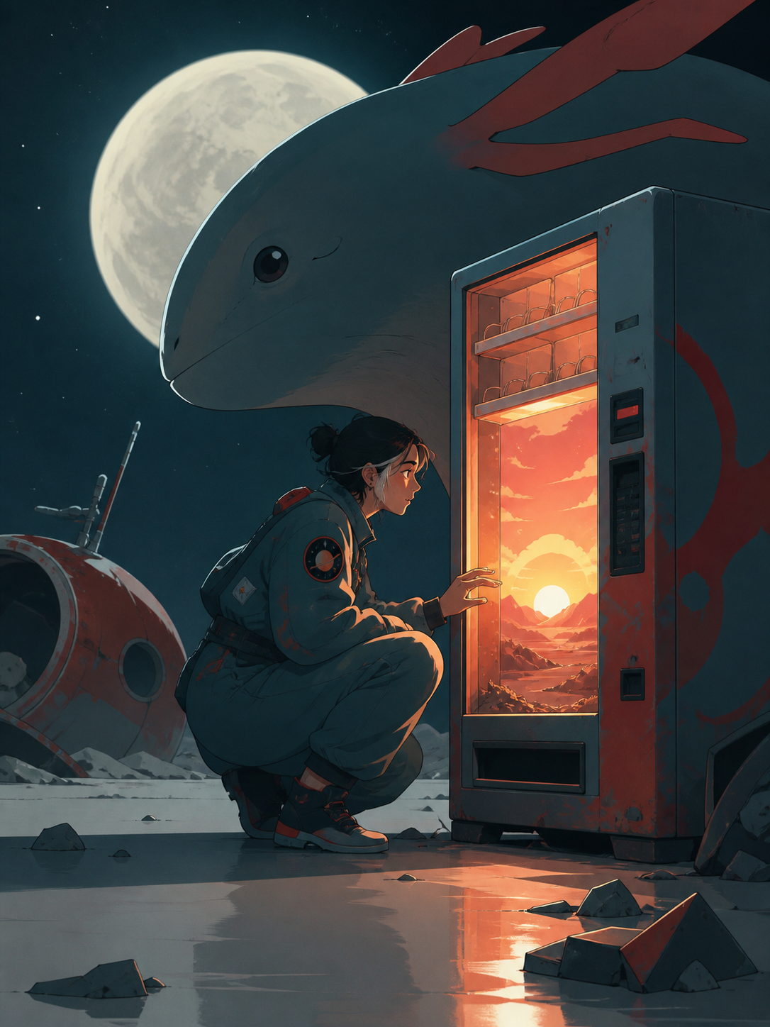 An adult nonbinary astronomer with a patched observatory uniform, discovering a tiny sunrise glowing inside an abandoned vending machine. Cinematic medium-wide frame with the environment carrying half the story. Vermilli