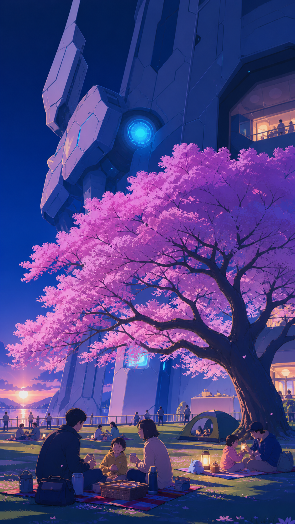 Families picnicking beneath broad spring blossom canopies, at an unusual hour that makes a familiar place feel new. Wide park scene balanced by one striking tree and several small stories. Acid lime, ultraviolet, matte n