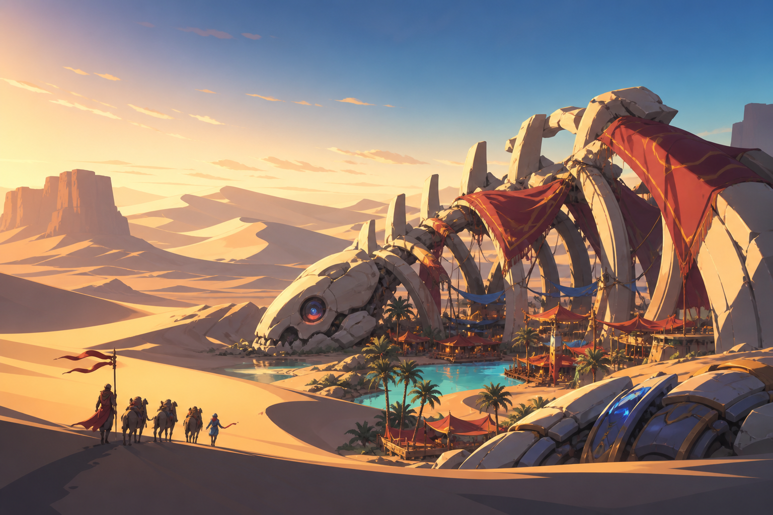An oasis settlement built around the skeleton of an ancient machine, with tiny travelers and camp details emphasizing the monumental landscape. Extreme wide landscape with a small but readable journey crossing it. Pine b