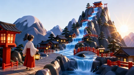 A shrine keeper following a river that briefly flows upward, in clear daylight with the route and destination both visible. Elevated route composition connecting several altitude l
