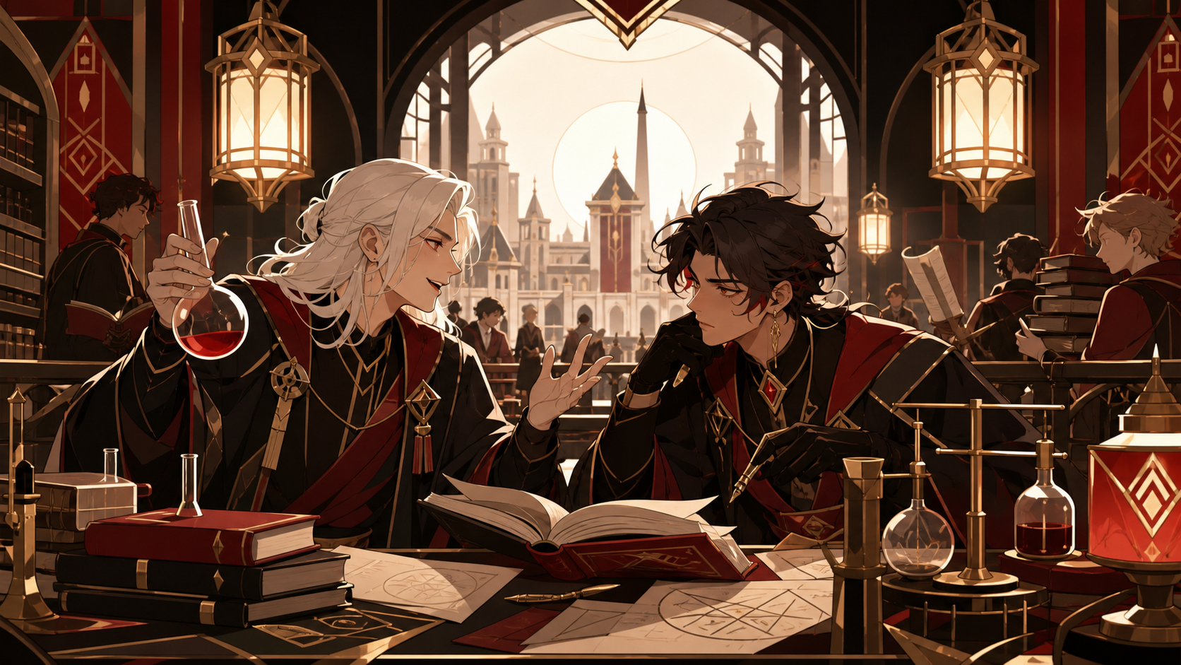 Two adult rivals sharing the last desk in an overbooked alchemy laboratory, late in the semester when the campus feels both busy and familiar. Close collaborative desk scene with the larger campus visible beyond. Crimson