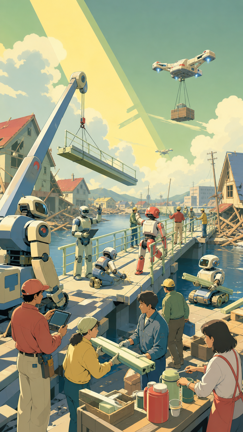 A team of service robots rebuilding a neighborhood footbridge after a storm, with ordinary people contributing through distinct useful tasks. Human-scale teamwork frame surrounded by the larger affected environment. Soft