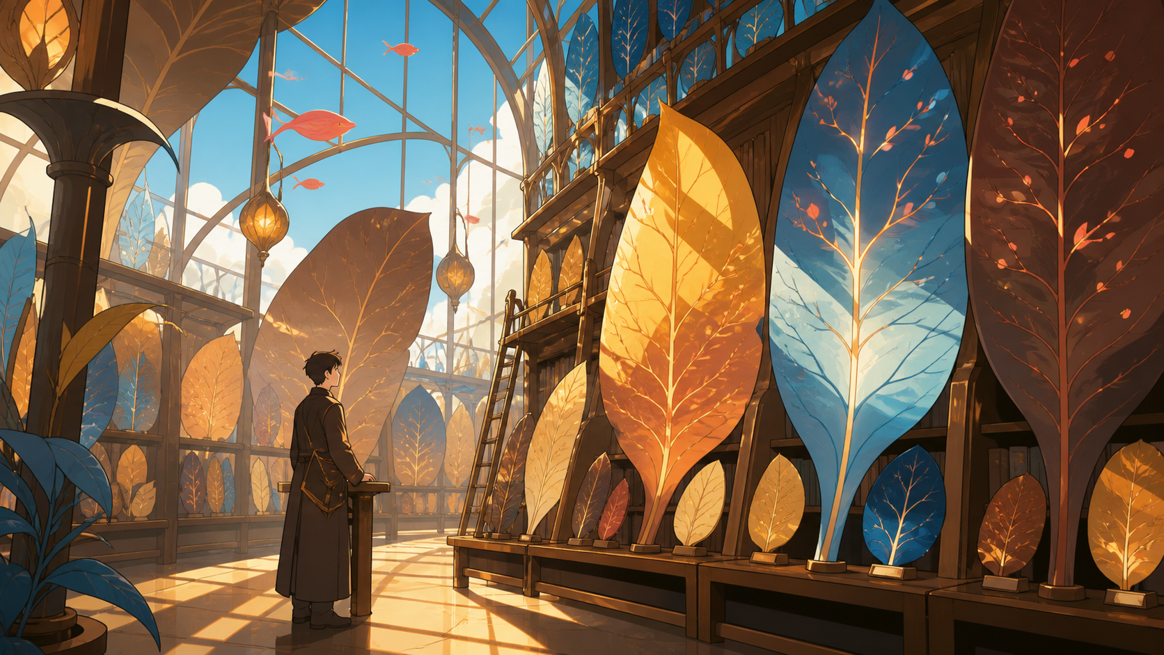 A library whose books are encoded in the changing colors of enormous leaves, after rainfall activates hidden biological structures throughout the scene. Architectural greenhouse vista structured by repeating organic form