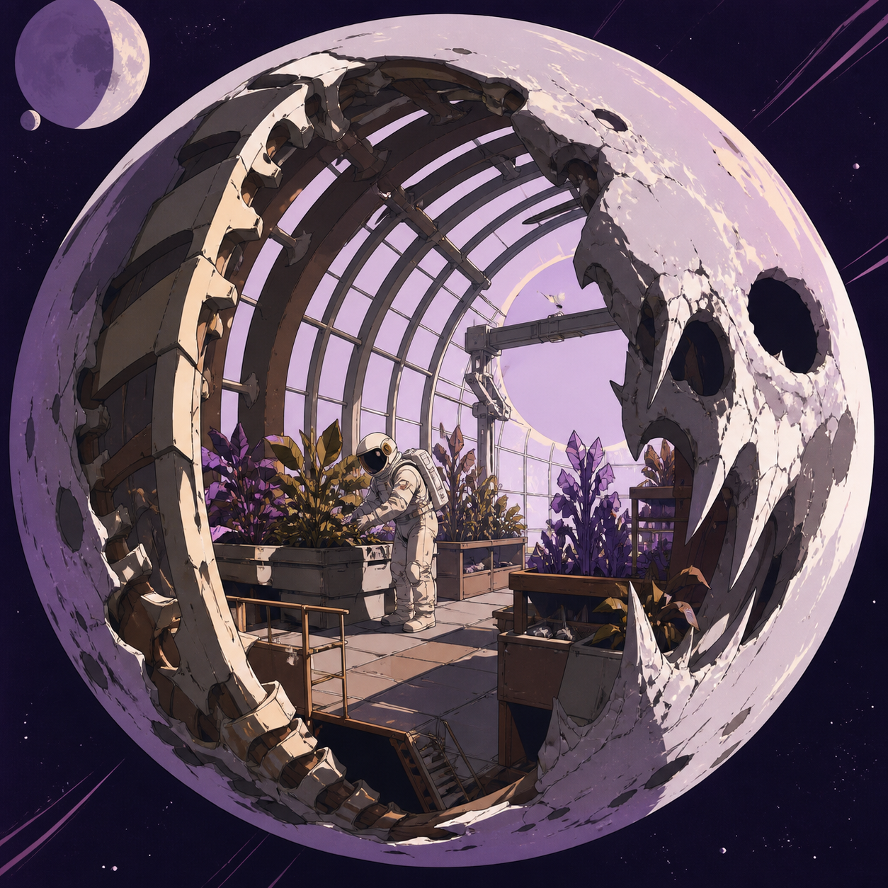 An astronaut tending a greenhouse inside the skeleton of a moon-sized creature, captured as a poetic visual moment rather than scientific documentation. Graphic celestial composition organized around a bold circular form