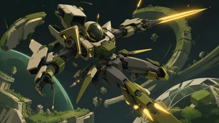 A deep-space maintenance suit unfolding into an asymmetrical combat machine, fighting in zero gravity among fragments of a ruined orbital garden. Dynamic low-angle action frame wit