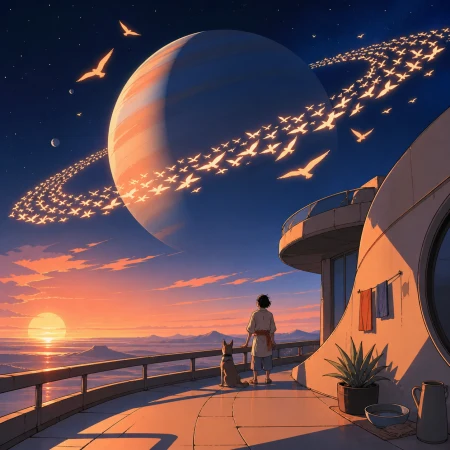 A ringed planet whose rings are made from migrating luminous birds, seen during an impossible sunrise with intimate signs of daily life. Expansive widescreen composition with stron