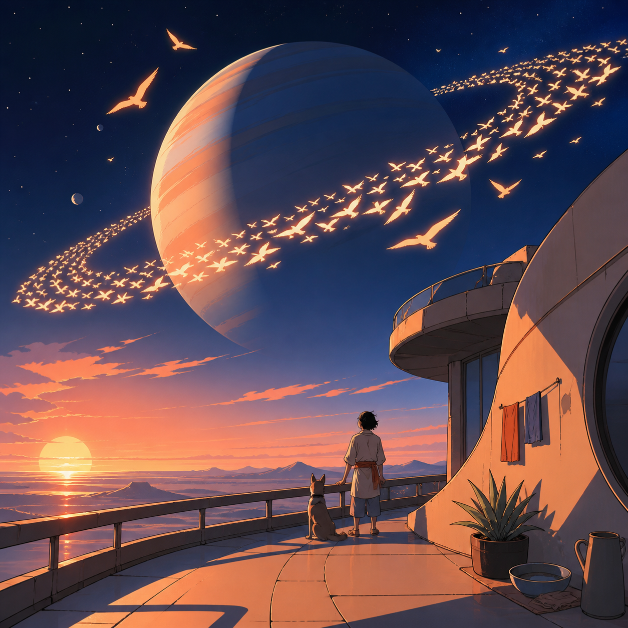 A ringed planet whose rings are made from migrating luminous birds, seen during an impossible sunrise with intimate signs of daily life. Expansive widescreen composition with strong negative space. Sun-bleached peach, de