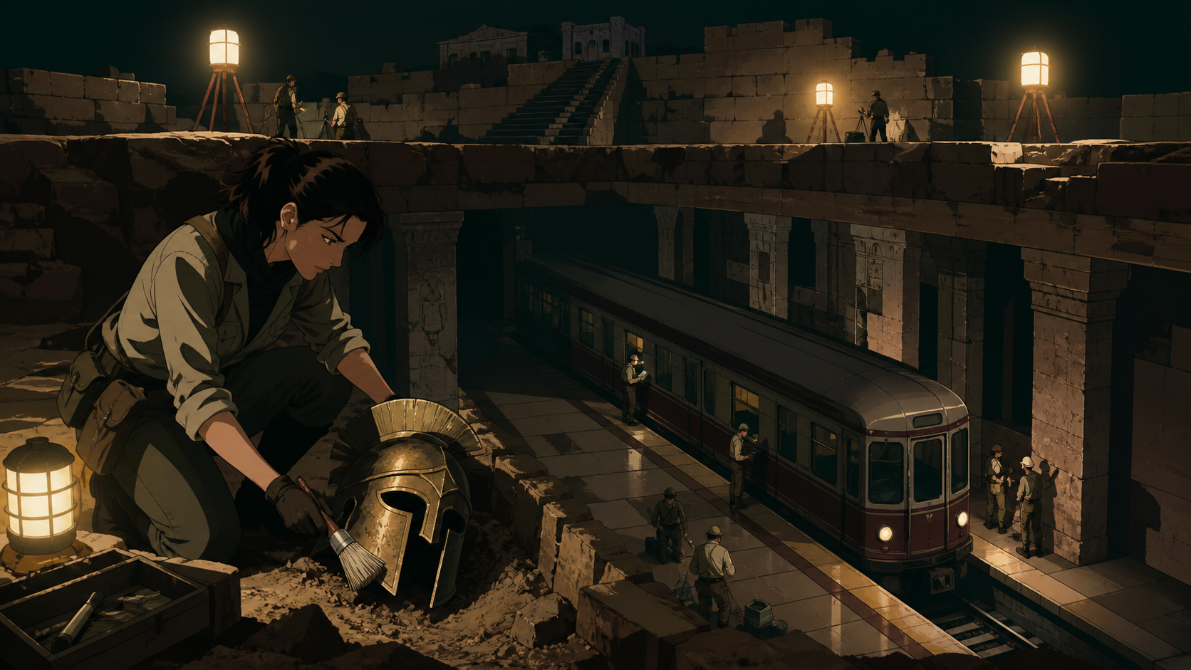 An adult archaeologist uncovering a subway platform beneath an ancient hill fort, as a familiar artifact appears in an impossible historical context. Wide site view showing the relationship between researchers and discov