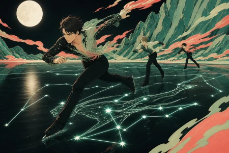 An adult figure skater tracing luminous constellations across black ice, during a decisive final stretch with the environment amplifying the speed. Long-lens frame compressing comp