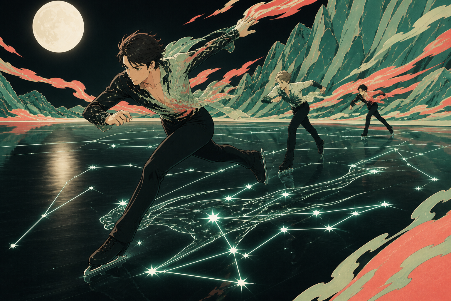 An adult figure skater tracing luminous constellations across black ice, during a decisive final stretch with the environment amplifying the speed. Long-lens frame compressing competitors and terrain into layered motion.