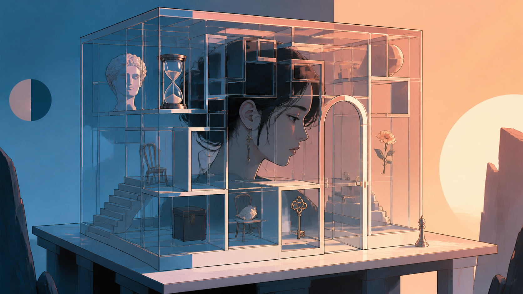 A portrait of loneliness represented as an inhabited glass maze, built from layered symbolic objects that reward close inspection. Carefully staged surreal tableau with a single unmistakable focal point. Sun-bleached pea