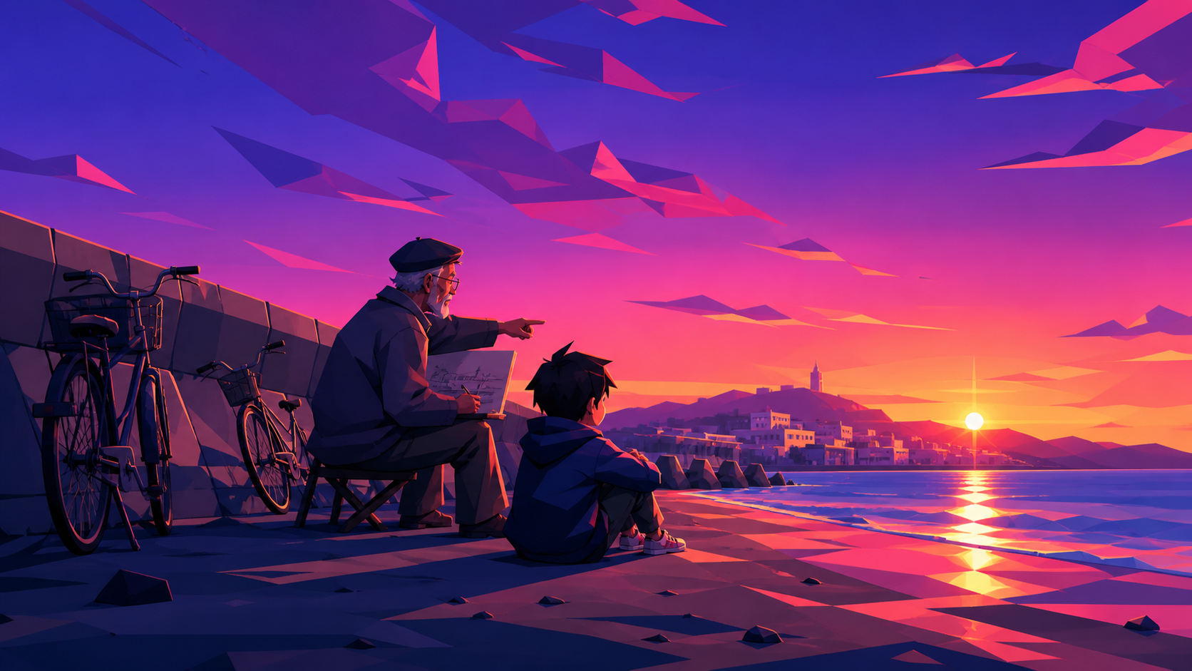 An elderly painter teaching a grandchild to observe the horizon, at sunset after the busiest visitors have gone. Low beach-level view looking toward the sea and distant town. Saturated magenta, electric cyan, deep violet