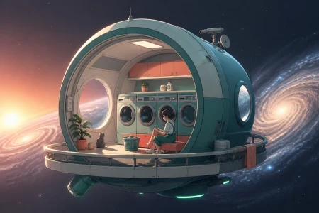 A quiet laundromat orbiting alone between two galaxies, seen during an impossible sunrise with intimate signs of daily life. Graphic celestial composition organized around a bold c