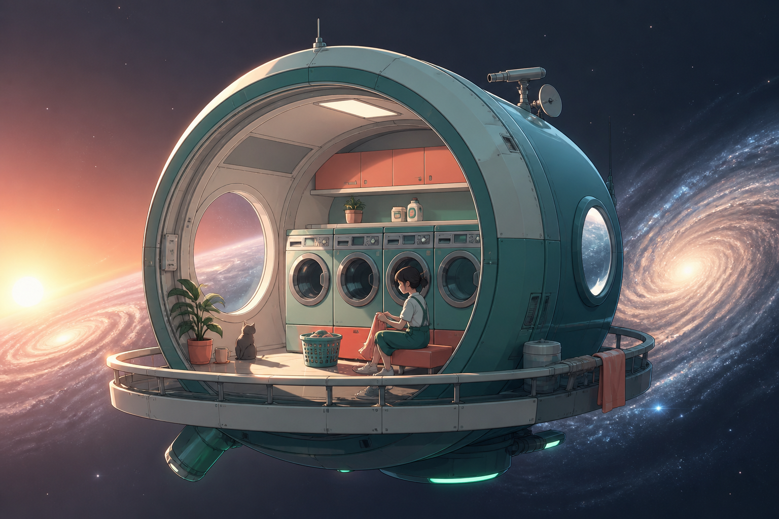 A quiet laundromat orbiting alone between two galaxies, seen during an impossible sunrise with intimate signs of daily life. Graphic celestial composition organized around a bold circular form. Sea-glass green, faded cor