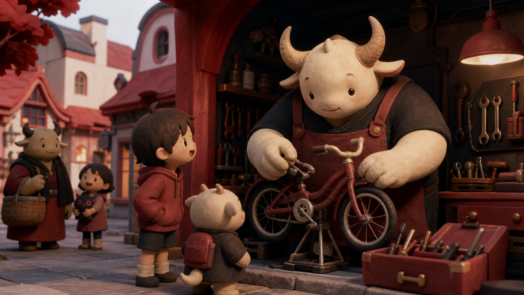 A gentle horned mechanic repairing bicycles for neighborhood families, during ordinary community life centered on kindness and humor. Street-level social frame where architecture reflects its residents. Crimson, black ch