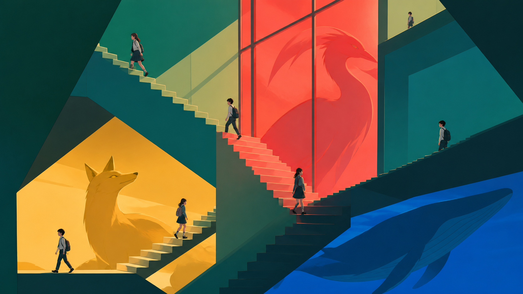 Students walking along several sides of the same school staircase, in bright simple lighting that preserves every major shape. Character-height view where the horizon changes across the frame. Emerald, stained-glass ruby