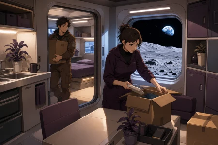 An adult couple moving household belongings into a tiny apartment on the moon, shown as ordinary domestic life in an extraordinary location. Observational domestic scene composed t