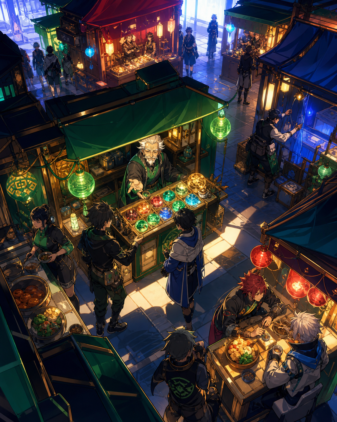 An elderly vendor offering memories stored in simple glass tokens, near closing time when vendors share food and reset their stalls. Elevated composition revealing intersecting paths and stall clusters. Emerald, stained-