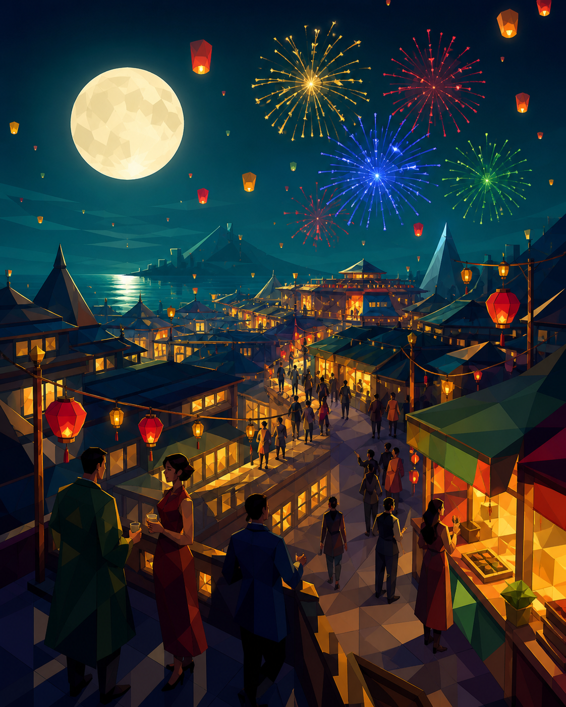A rooftop fireworks celebration spanning dozens of connected buildings, during the final hour when decorations begin drifting into the sky. Immersive crowd-level panorama with clear focal lighting. Emerald, stained-glass