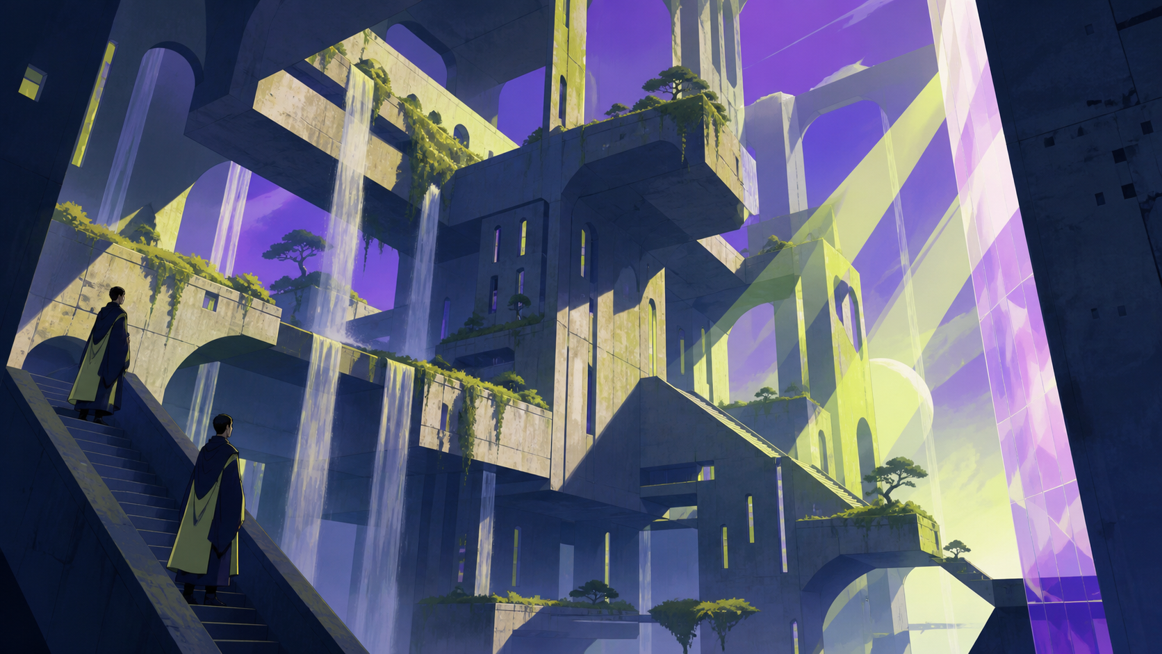 A brutalist monastery softened by waterfalls and floating gardens, as sunlight passes through it in physically impossible directions. Dramatic vertical composition emphasizing scale and impossible geometry. Acid lime, ul