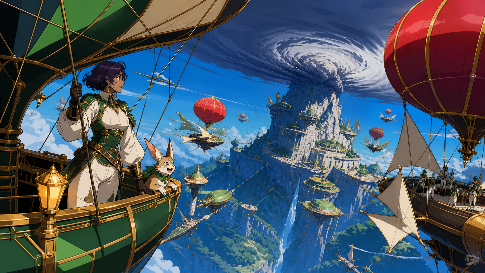 A balloon city gathering around a seasonal mountain-sized storm, during clear morning weather that reveals the depth below. Sweeping aerial panorama with a strong route across the frame. Emerald, stained-glass ruby, lapi
