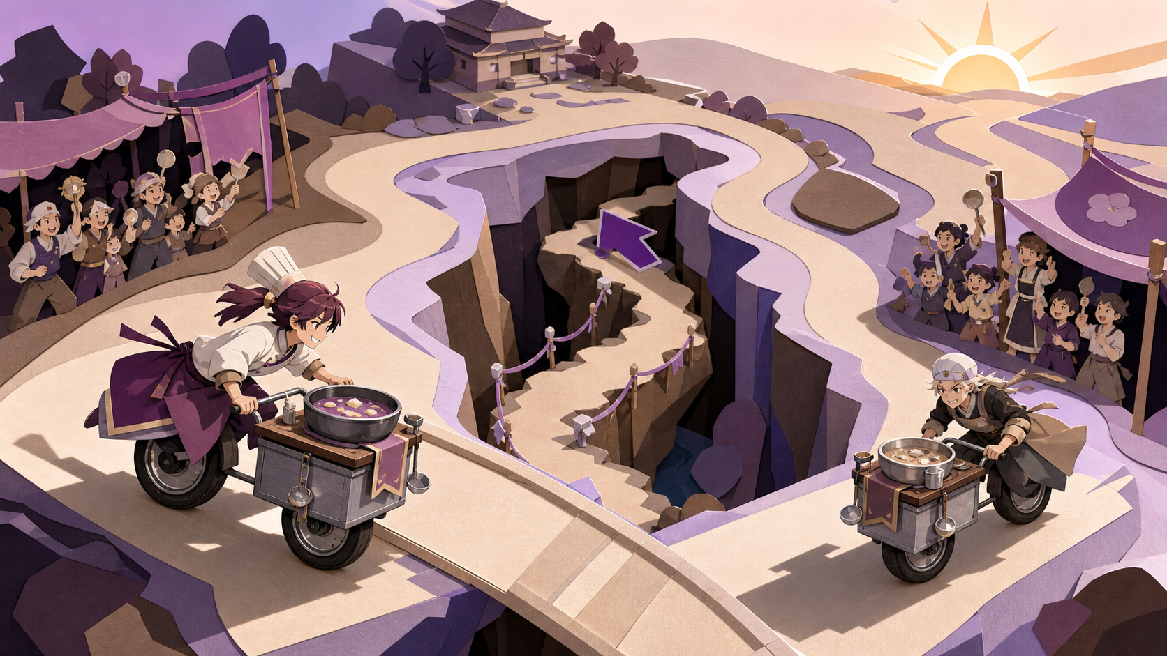 Rival chefs delivering enchanted soup by one-wheeled kitchen carts, at a joyful regional tournament rather than a dangerous battle. Elevated course map-like view organized around one decisive shortcut. Mulberry, tea brow