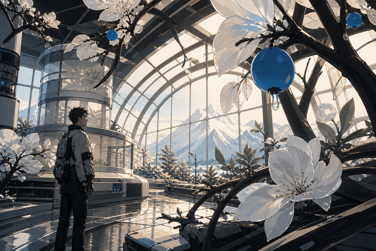 A greenhouse spacecraft tending the last orchard from Earth, after rainfall activates hidden biological structures throughout the scene. Architectural greenhouse vista structured by repeating organic forms. Soft monochro