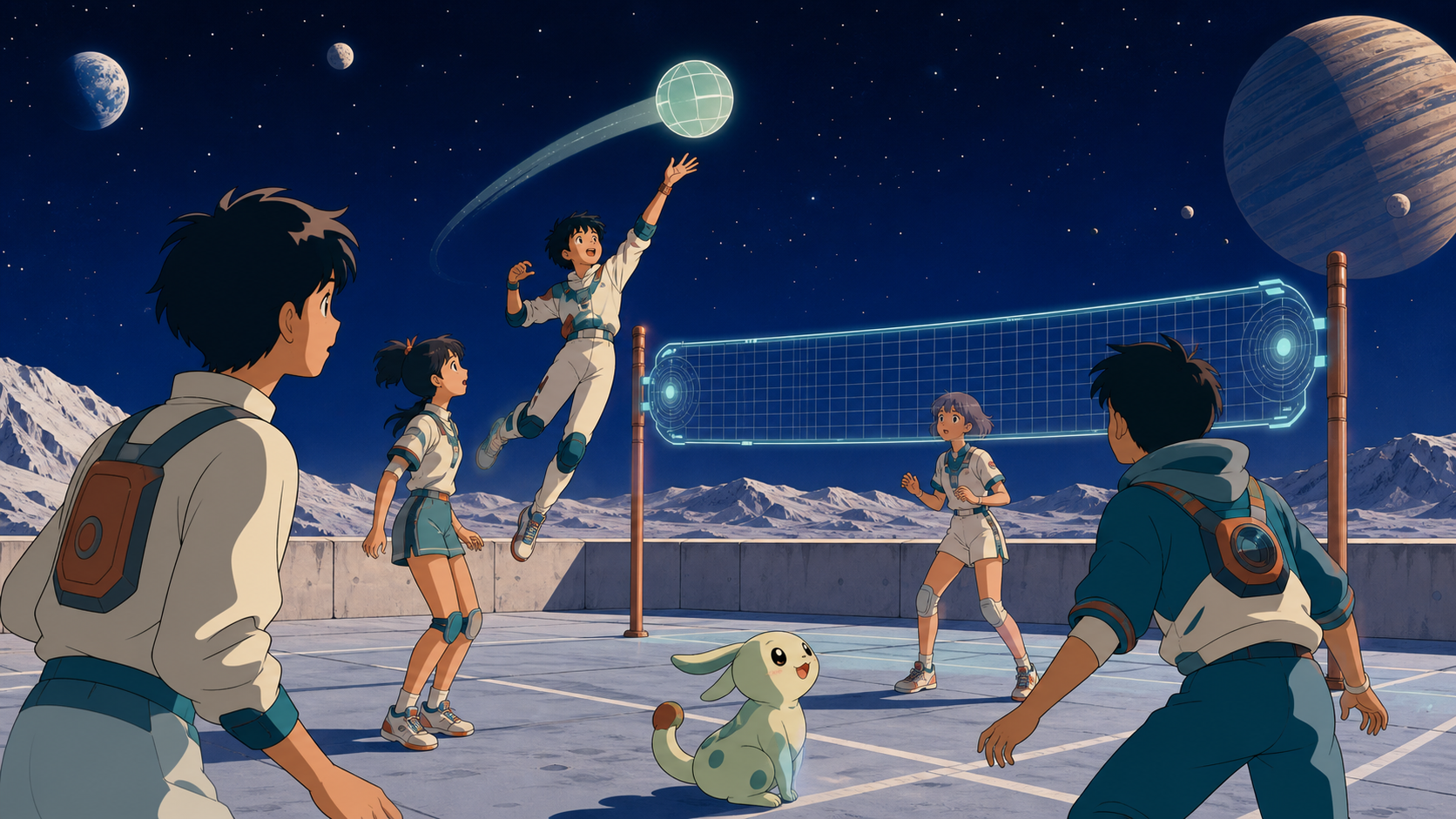 Teenagers playing rooftop augmented-reality volleyball, as old and new entertainment traditions overlap naturally. Table-height ensemble centered on expressive reactions. Moonlit indigo, oxidized copper, pale jade, and c