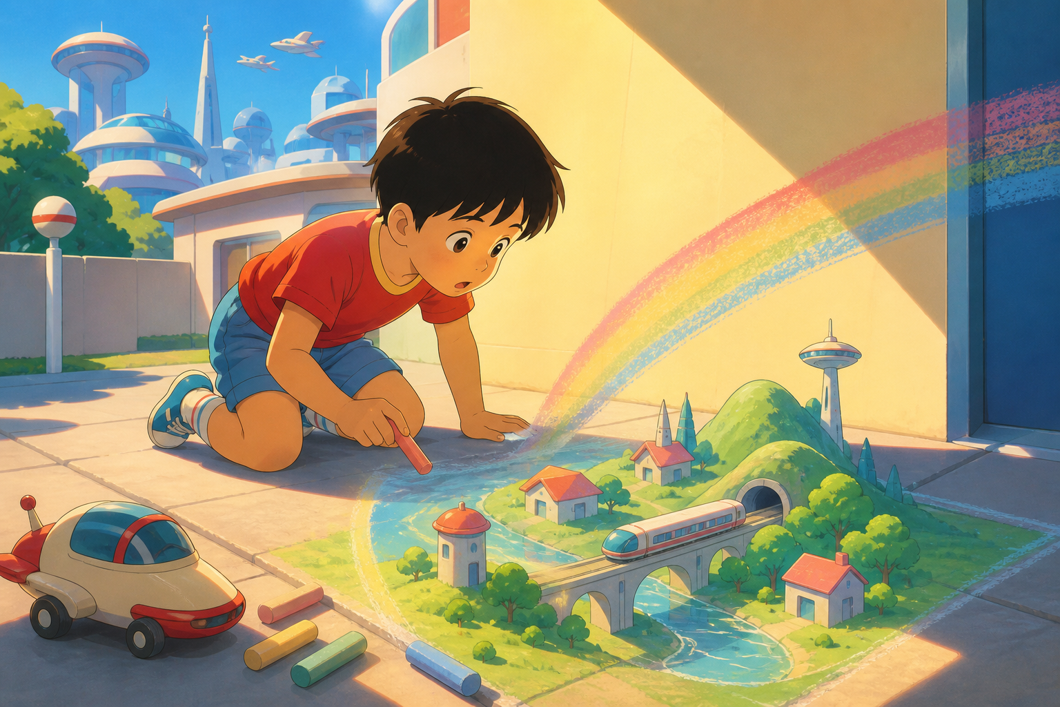 A child discovering that sidewalk chalk drawings become tiny landscapes, at the instant make-believe and reality overlap without danger. Wide storybook composition connecting play space and imagined world. Soft pistachio