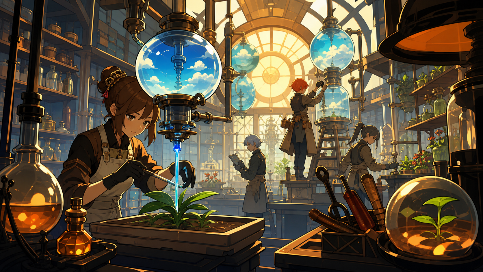 A botanical laboratory where bottled weather feeds rare seedlings, during a busy workday filled with several precise ongoing tasks. Close observational composition layered with tools in foreground and active work behind.