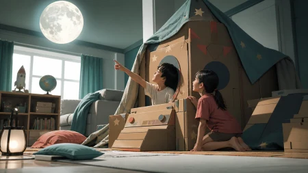 Friends turning cardboard boxes into a convincing moon expedition, during a quiet afternoon when ordinary objects become extraordinary. Child-height viewpoint making the discovery 